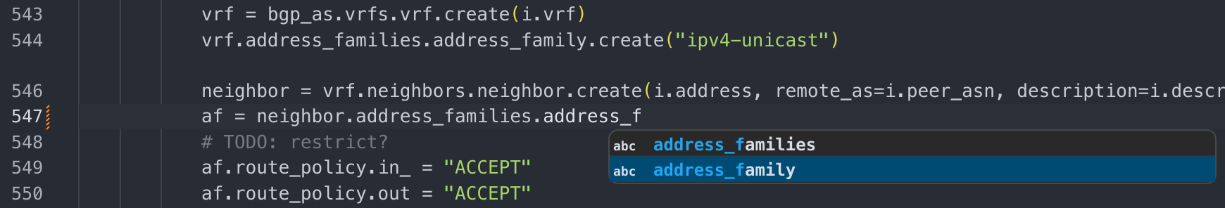 VS Code completion showing Acton field name suggestions